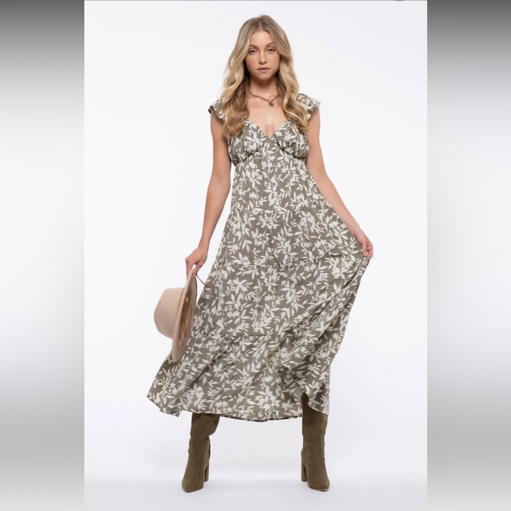 Blu Pepper Boutique Small Brown Beige Floral Midi Dress Tiered Comfortable